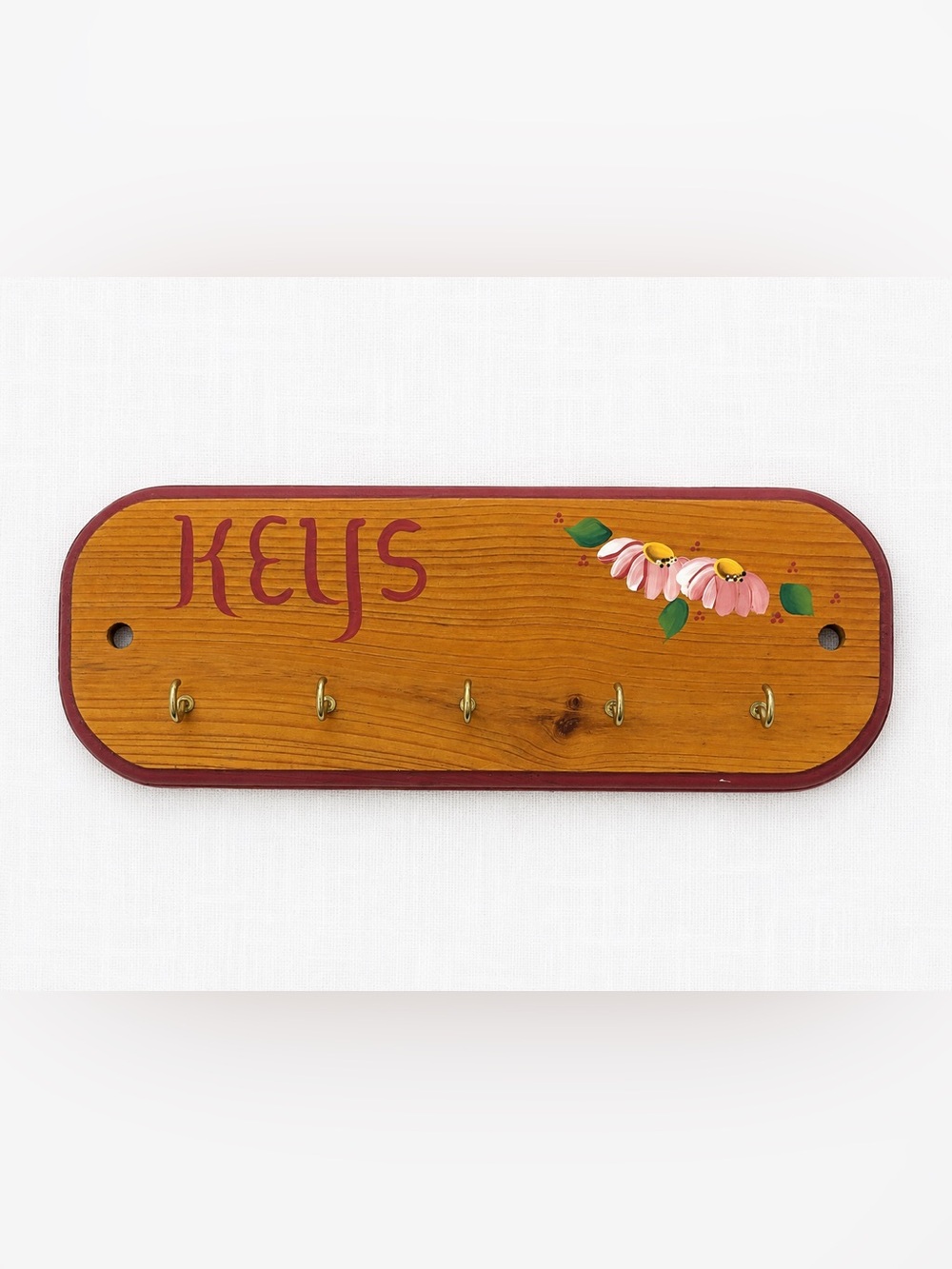 Vintage 90s Hand-Painted Wooden Key Rack in Natural Wood and Pink